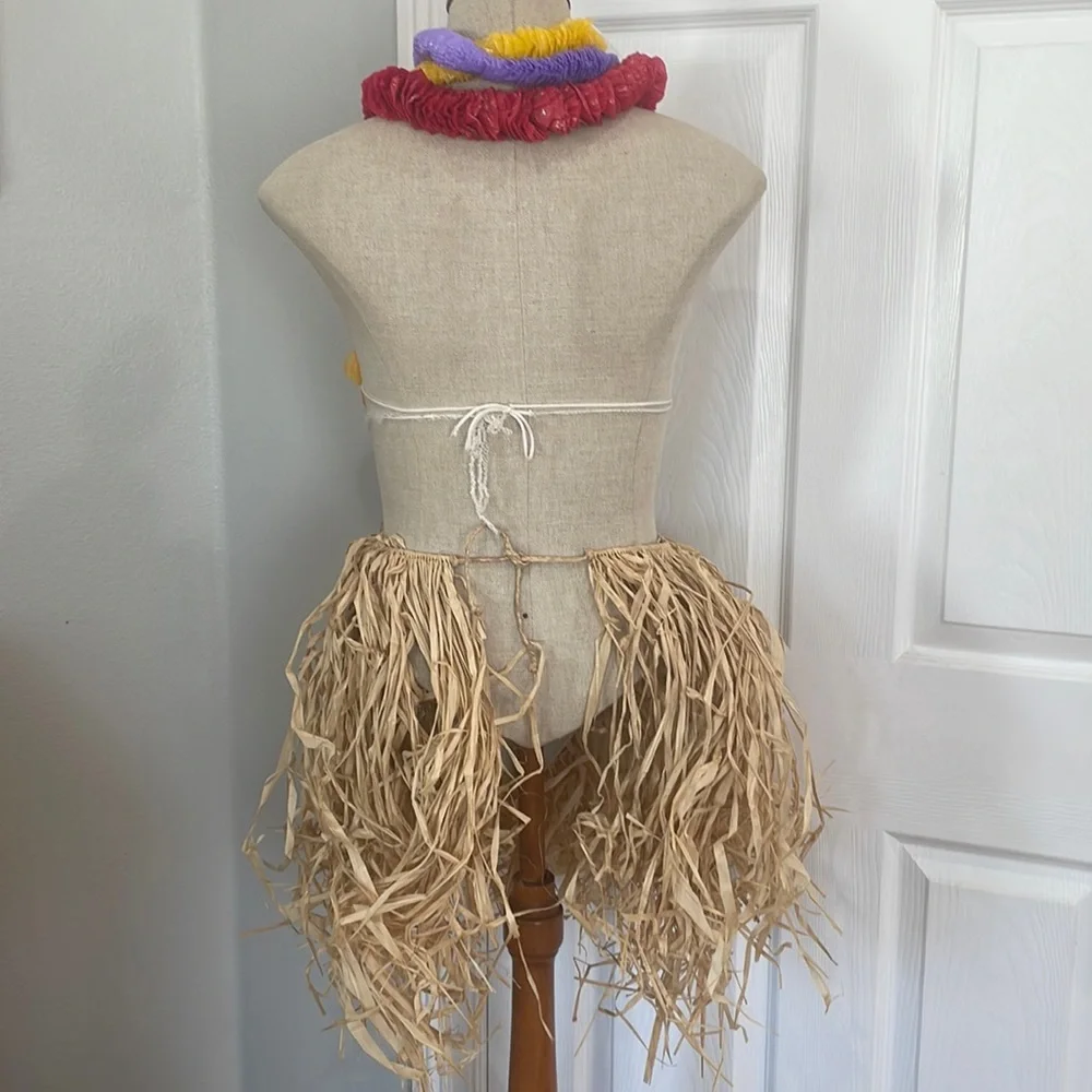 Vintage Hawaiian luau grass hula skirt costume floral bikini top leis girls 5 pc